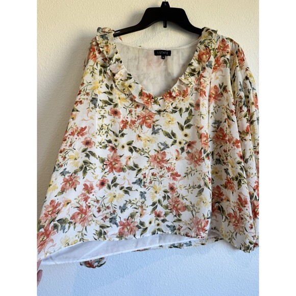 1 State Women's Floral V Neck Blouse Long Sleeve Ruffle Accent Lined XL - Picture 3 of 11
